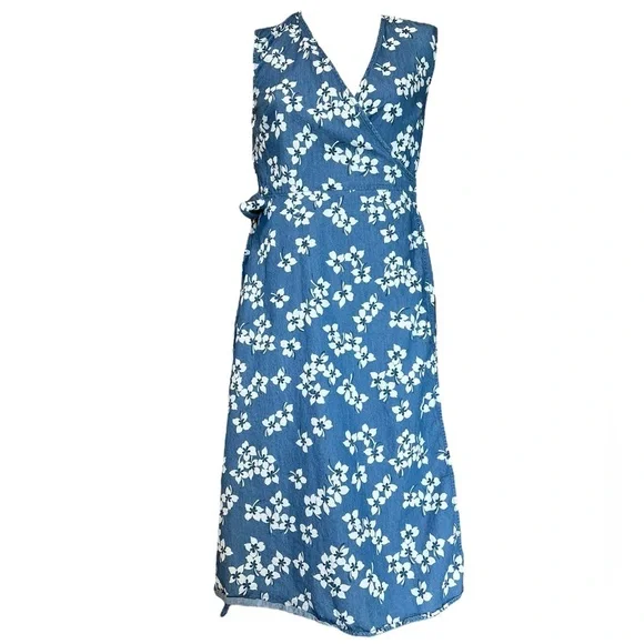 Draper James 8 Sleeveless Denim Wrap Midi Length Dress 100% Cotton - Picture 2 of 12